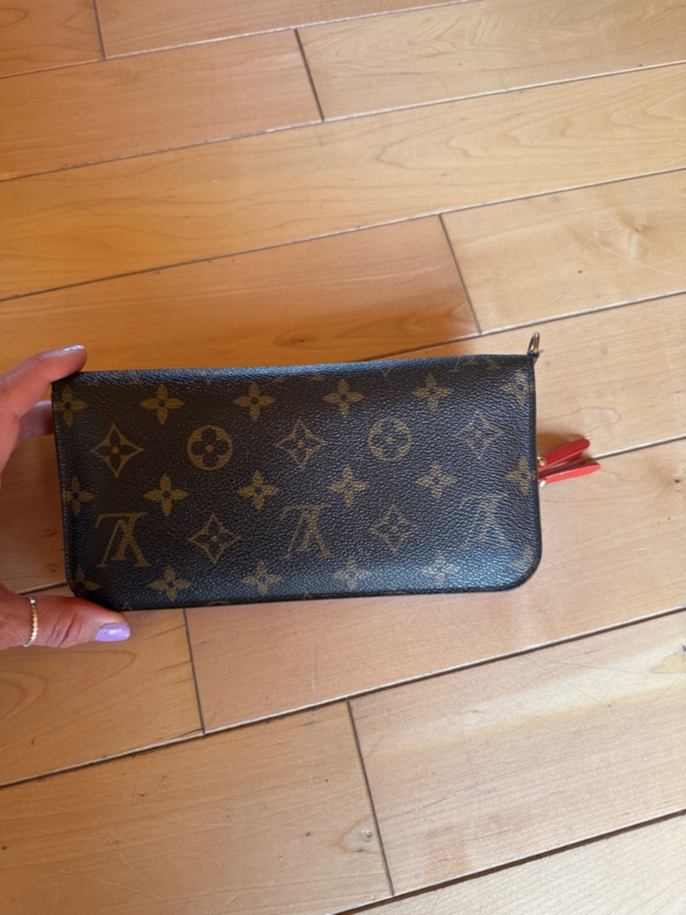 Louis Vuitton Monogram Canvas Wallet with Red Zip Accent